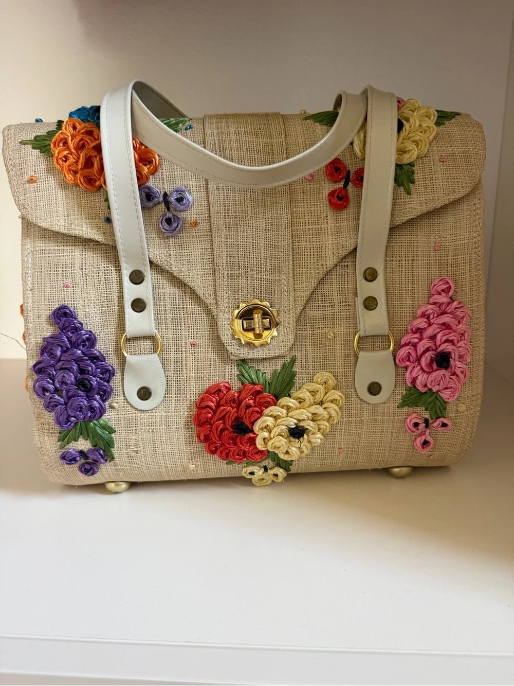 Vintage Embroidered Raffia Floral Handbag – Beautiful Condition